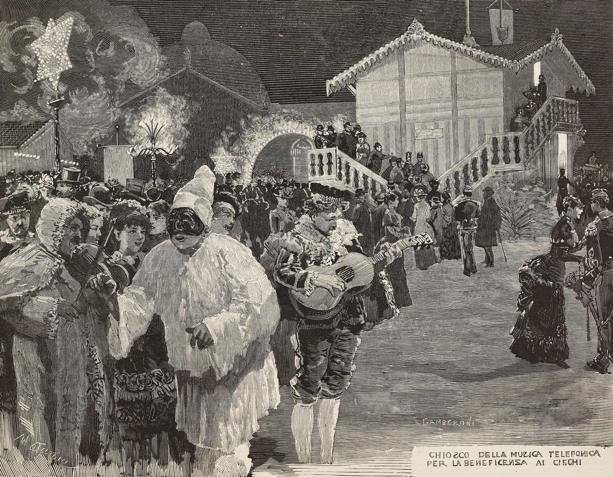 Zenei kioszk, ahol pénzt gyűjtenek vakok számára, Pulcinella maszk, karnevál Nápolyban, Olaszország, metszet Matania rajzából, Gamberoni metszet a L