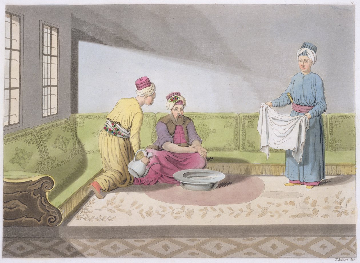 Muslim Performing his Ablutions, 34. tábla a Nemzetek története I. kötet III. részéből, V. Raineri metszet (akvatinta) alkotó: Italian School