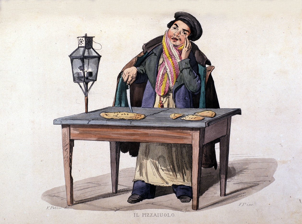Nápoly, pizza eladó. Metszet F. Palizza festménye után. Francesco de Bourcard "Nápolyi királyság jelmezei" című művéből alkotó: Italian School
