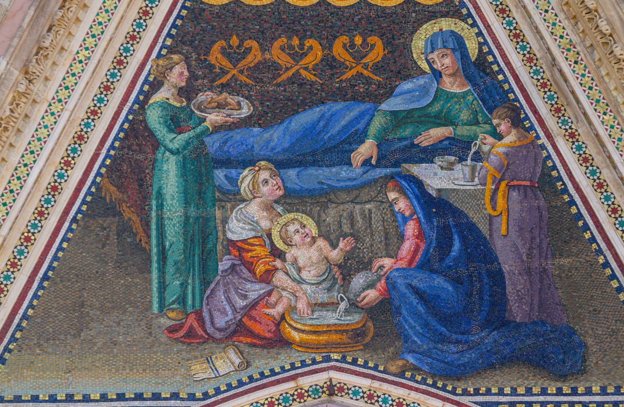 Mária születése, mozaik, oldalbejárat oromzata, mozaik, orvietoi székesegyház homlokzata, Umbria, Olaszország alkotó: Italian School
