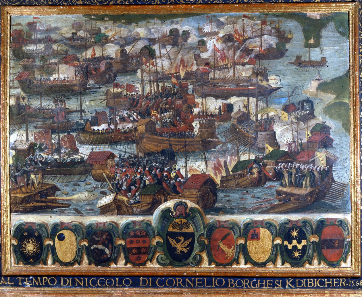 Lepantói tengeri csata (Lepanto): "" Niccolo di Cornelio Borghesi Kdibicher idején" - a sienai Nemzeti Archívumban őrzött festmény. alkotó: Italian School
