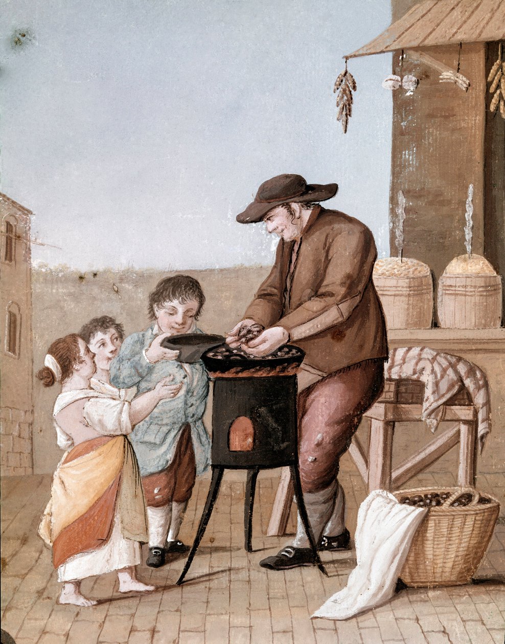 Nápolyi apróságok: a gesztenyeárus - (Régi szakma: gesztenyeárus) XIX. századi akvarell - Nápolyi Museo Nazionale di San Martino alkotó: Italian School