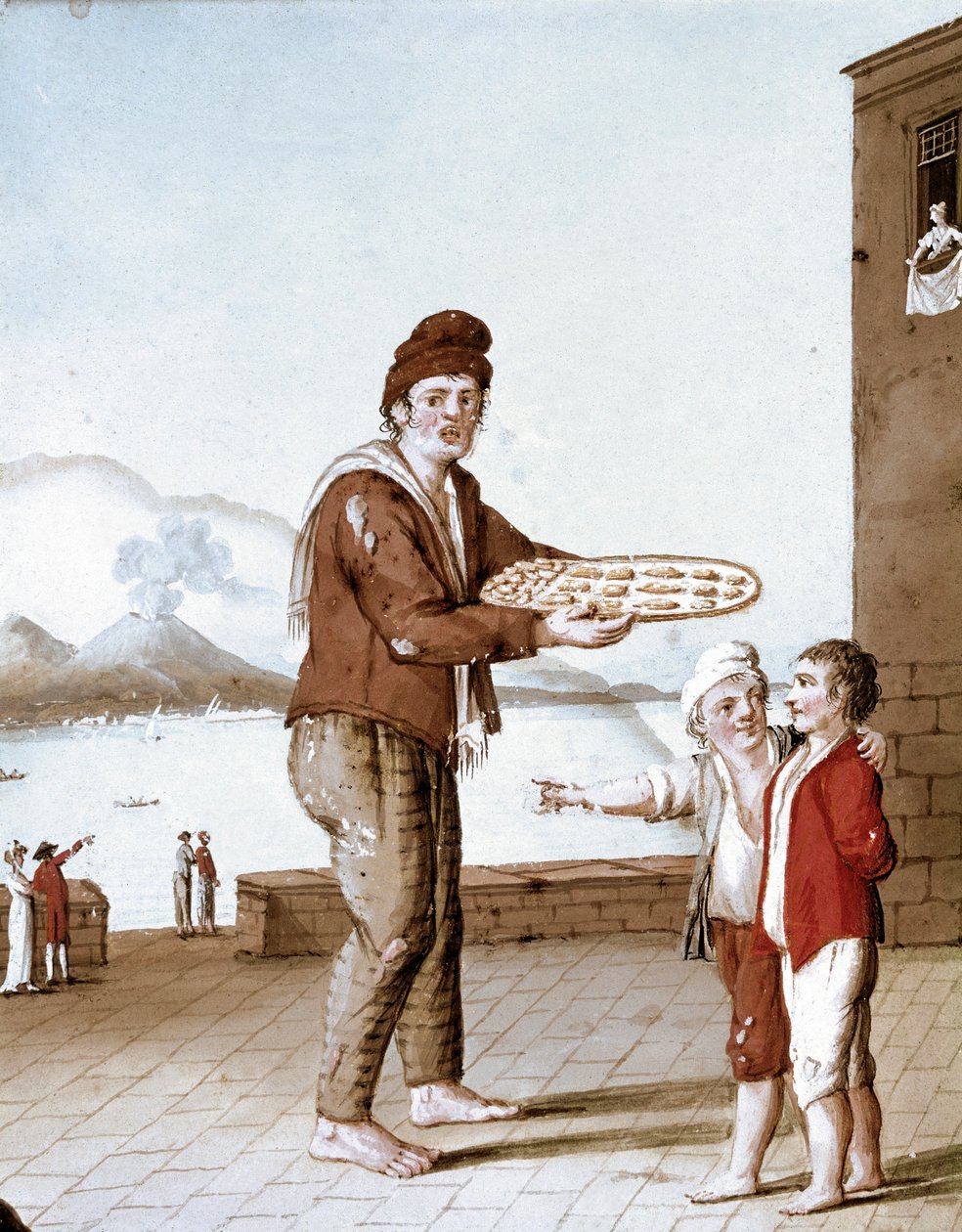 Nápolyi Small Metiers: A "" Pasticiotti" (nápolyi homok) eladója - (Régi kereskedelem: A keksz eladó) 19. századi akvarell - Nápolyi Museo Nazionale di San Martino alkotó: Italian School