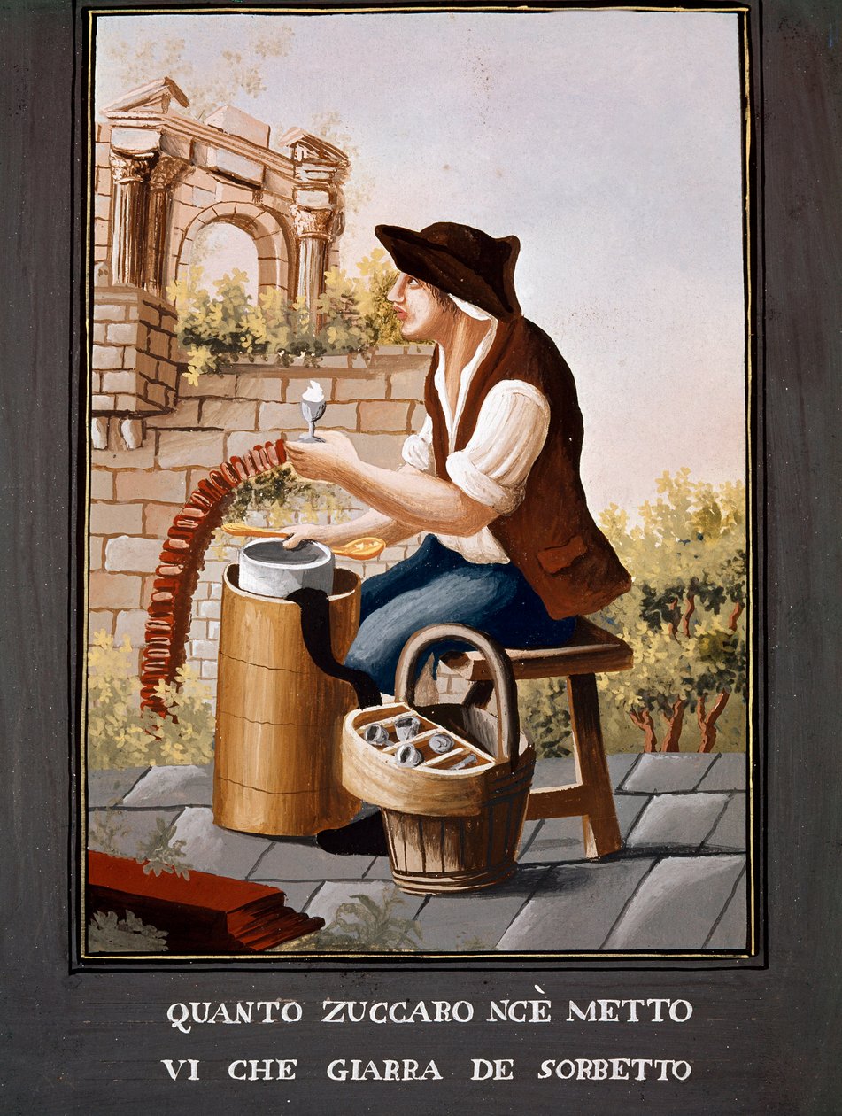Nápolyi kiséttermek: a sorbet-árus - (Régi szakma: a fagylaltárus) 19. századi akvarell - Nápolyi Museo Nazionale di San Martino alkotó: Italian School