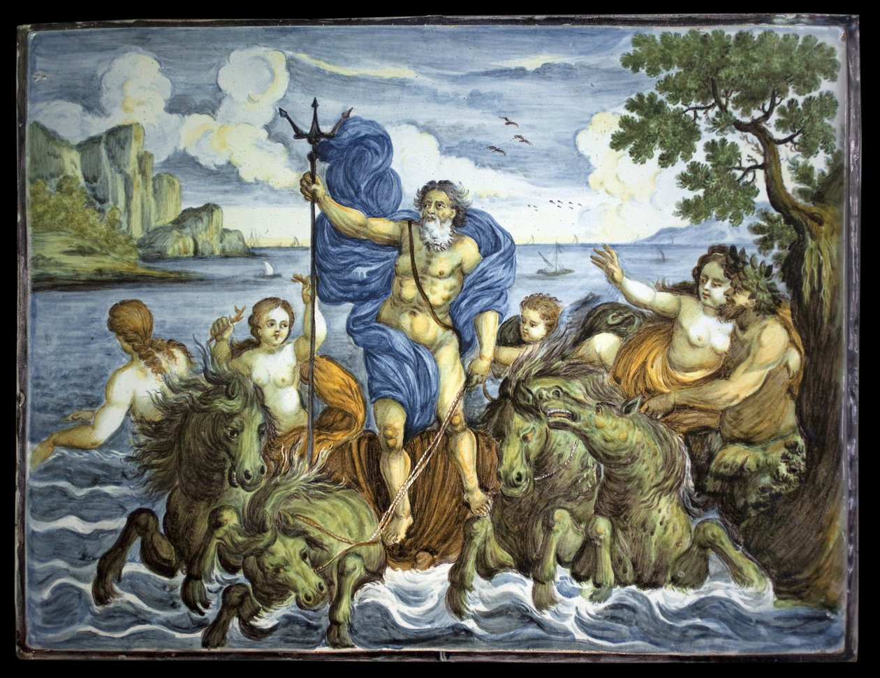 Neptunusz a tankján és egy háromágúval. Téglalap alakú lemez, nagyméretű polikróm tűz díszítése, az olaszországi Castelliben készült alkotó: Italian School