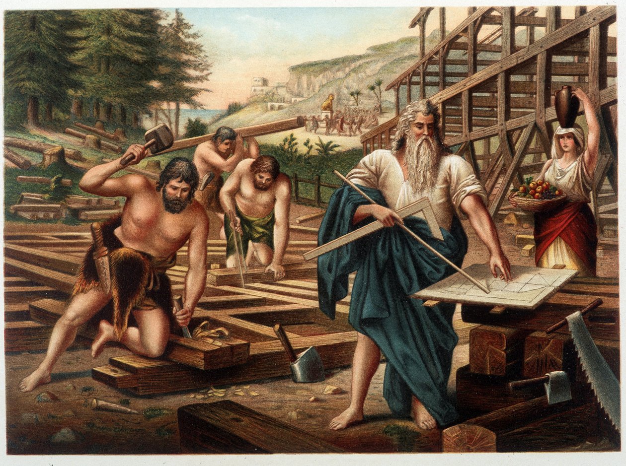 Noe és családja a bárkát építi (Noe az építési tervet nézi) a "" Golden Classic Bible: History of Divine Revelation in the Ancient and New Tesiamento """ című könyvében, Giovanni Ladislao Sykora (1. kötet), fordította: Don Clemente Benetti (Olaszország alkotó: Italian School
