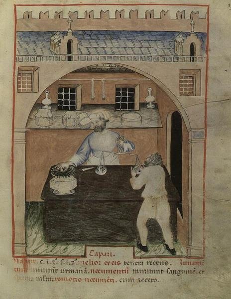 Nouv Acq Lat 1673 fol.39 A Szárított hús eladója, a „Tacuinum Sanitatis”, 1390-1400 körül (perselyemen) alkotó: Italian School
