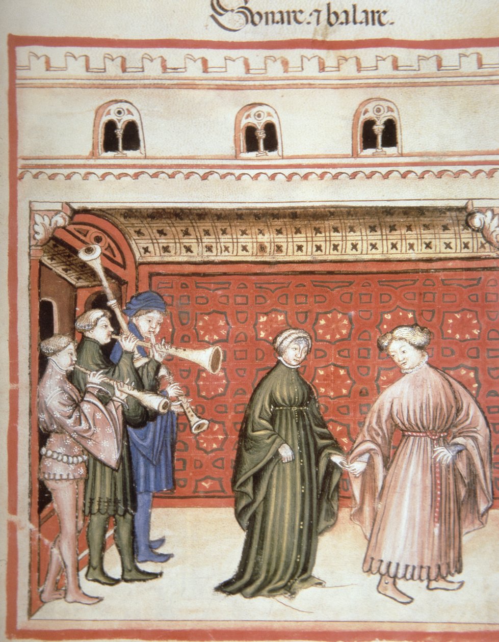 Nova 2644 fol.104r Zene és tánc, a Tacuinum Sanitatistól alkotó: Italian School