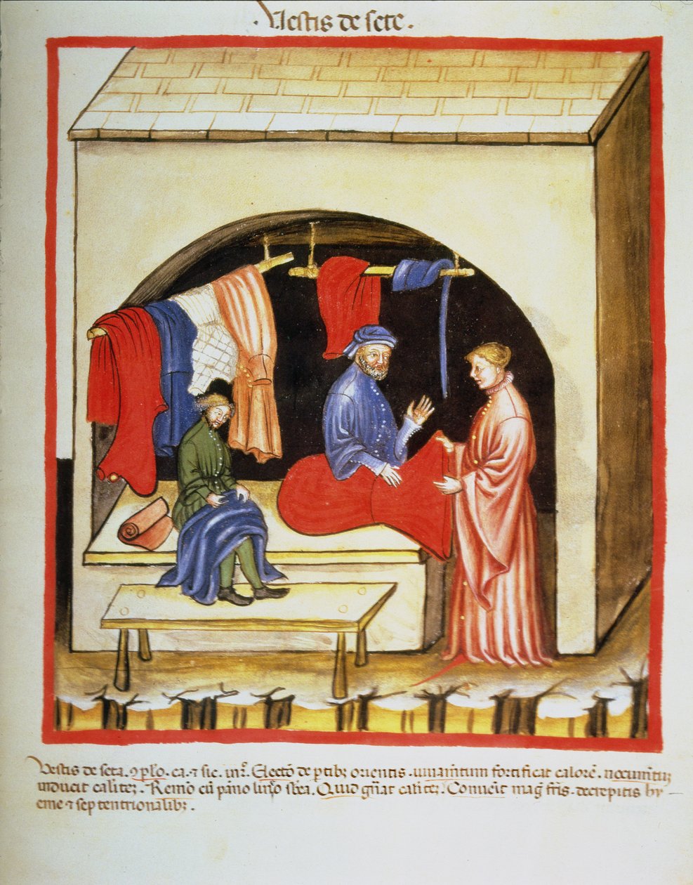 Nova 2644 fol.106r The Tailors Shop : Selyemruhák, a Tacuinum Sanitatistól alkotó: Italian School