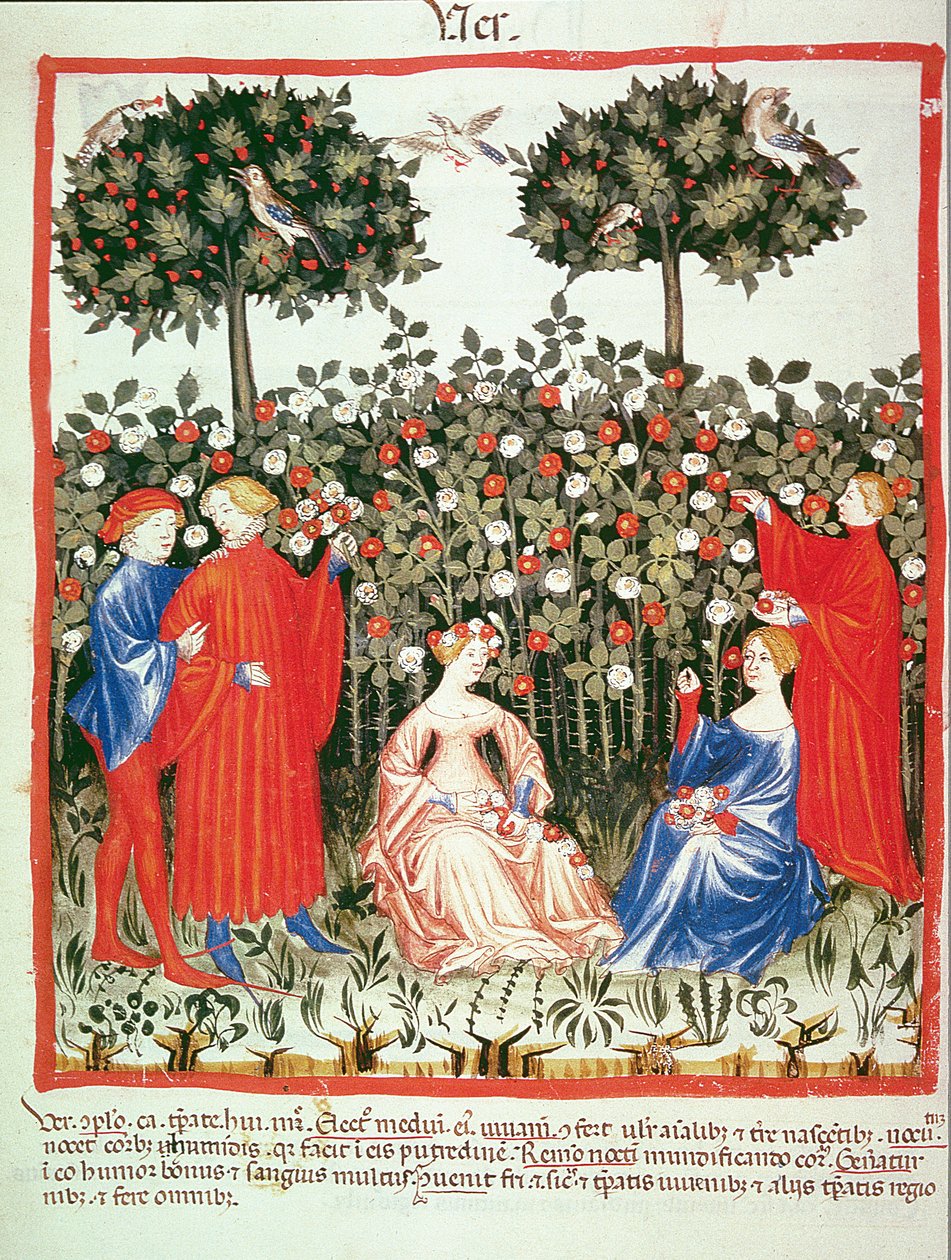 Nova 2644 fol.55v Tavasz: Virággyűjtés, Tacuinum Sanitatis alkotó: Italian School