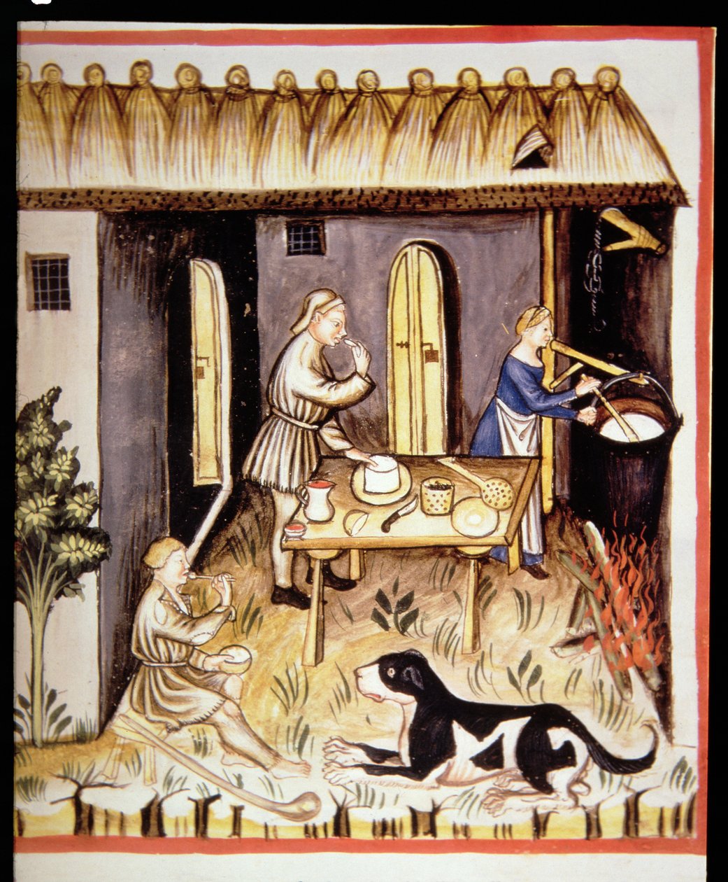 Nova 2644 fol.62r Fehér sajt készítése, Tacuinum Sanitatisból alkotó: Italian School