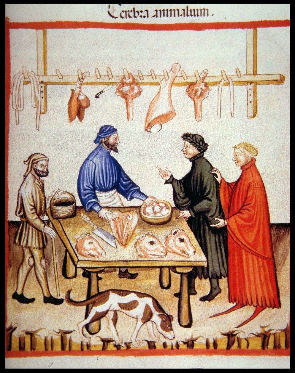Nova 2644 fol.77r Hentesbolt, agyak árusítása, Tacuinum Sanitatis Codex Vindobonensis alkotó: Italian School