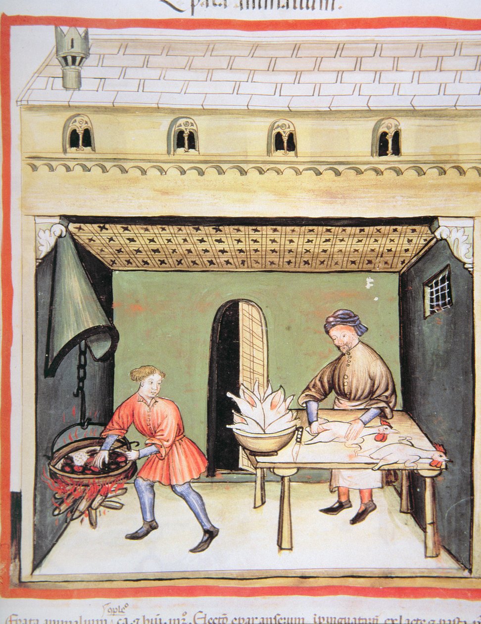 Nova 2644 fol.80r A hentesek: Főzőmáj, Tacuinum Sanitatis alkotó: Italian School