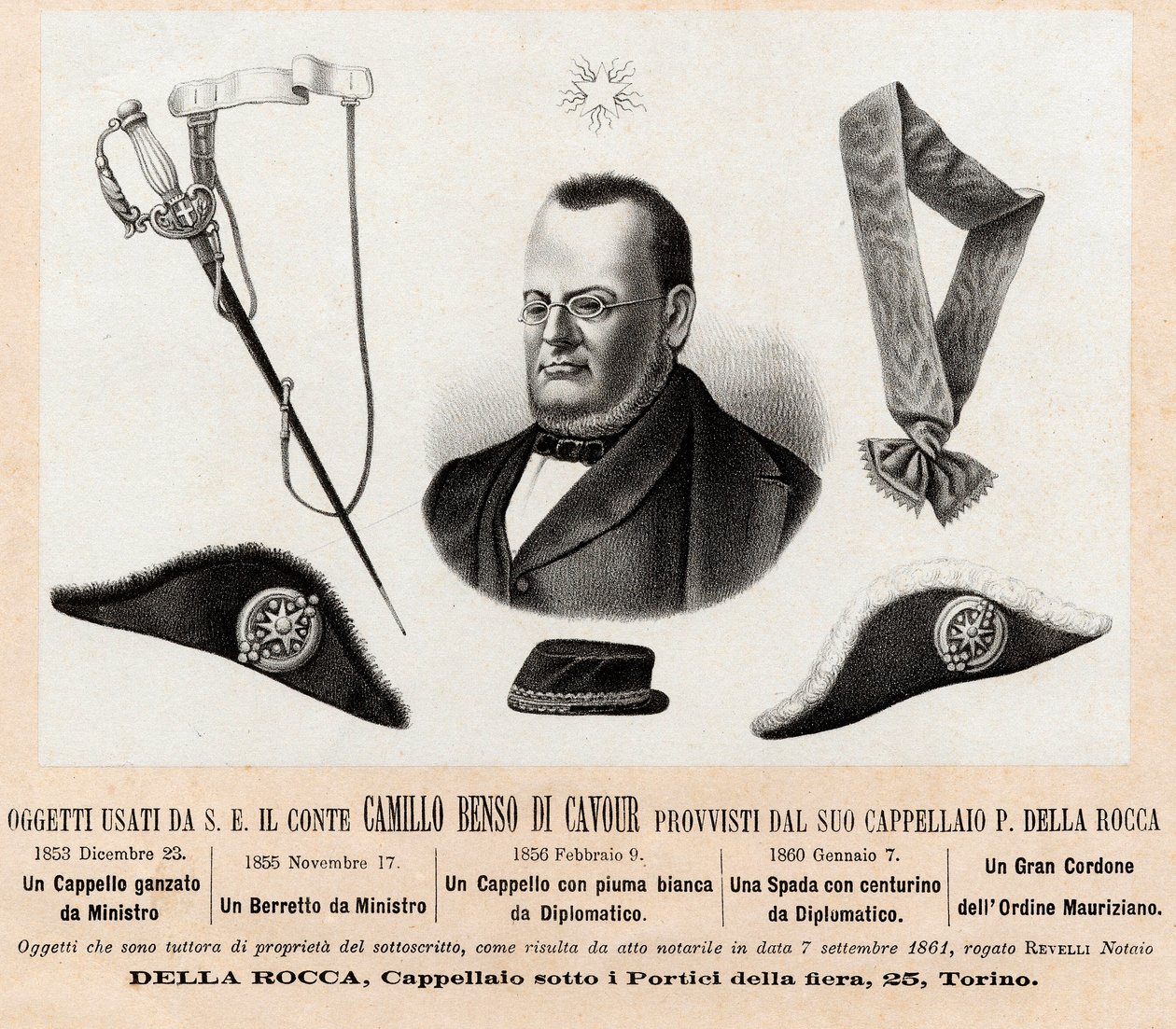 Camillo Benso conte di Cavour (1810-1861) által használt tárgyak - politikai és diplomáciai funkcióinak kalapjai és jelvényei, a Szent Mauritius és Szent Lázár Lovagrend nagy zsinórjával (Ordine dei Santi Maurizio e Lazzaro) - Metszet 19. század alkotó: Italian School