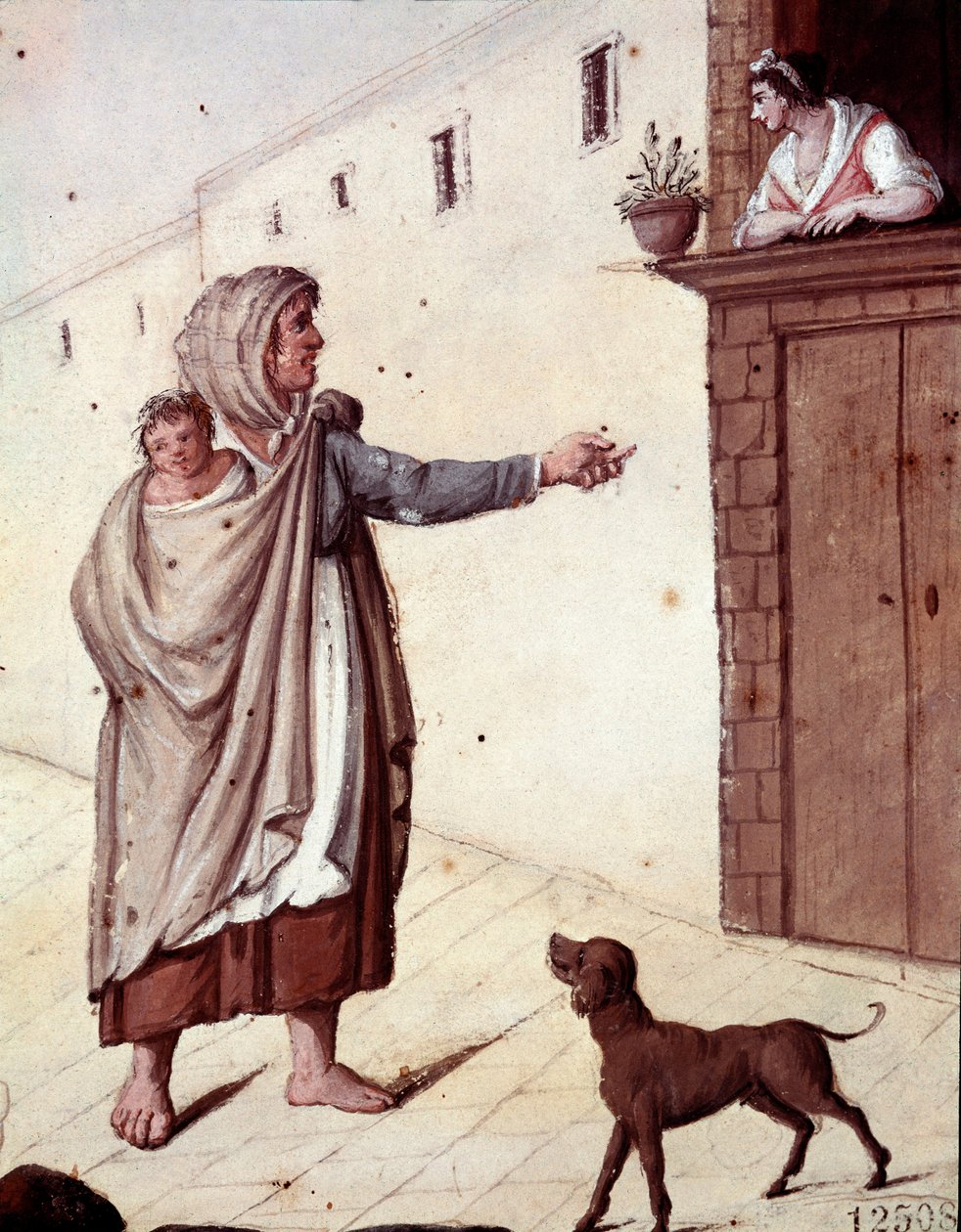 Régi nápolyi szokások: koldus és gyermeke Nápoly utcáin - (Régi nápolyi mesterségek: koldus) 19. századi akvarell - Nápoly Museo Nazionale di San Martino alkotó: Italian School