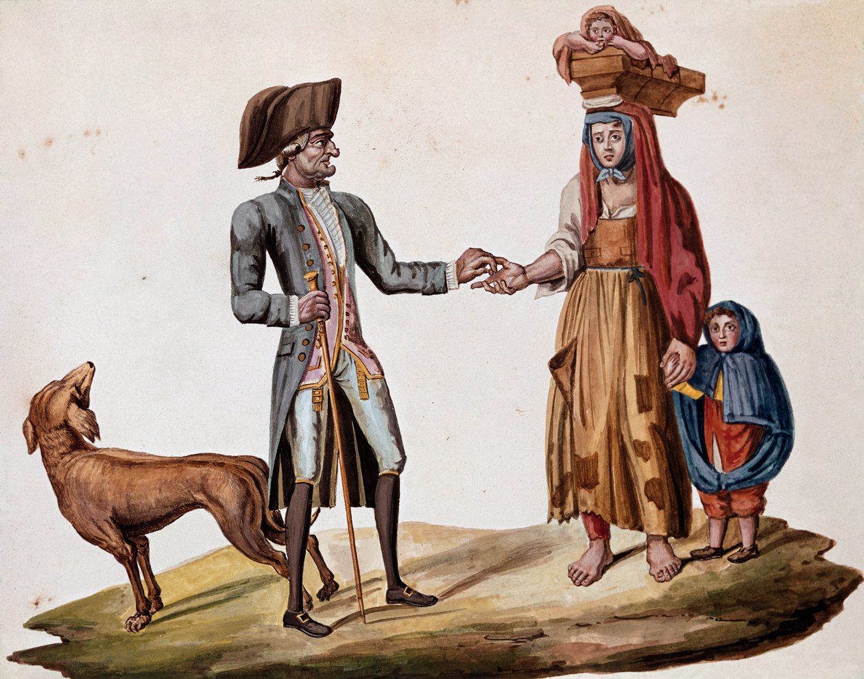 Régi nápolyi metiers: egy nemes érmét ad egy tenyérjósnak - (Régi nápolyi kereskedések: gazdag ember pénzt ad egy szegény mesemondónak) 19. századi akvarell - Nápolyi Museo Nazionale di San Martino alkotó: Italian School