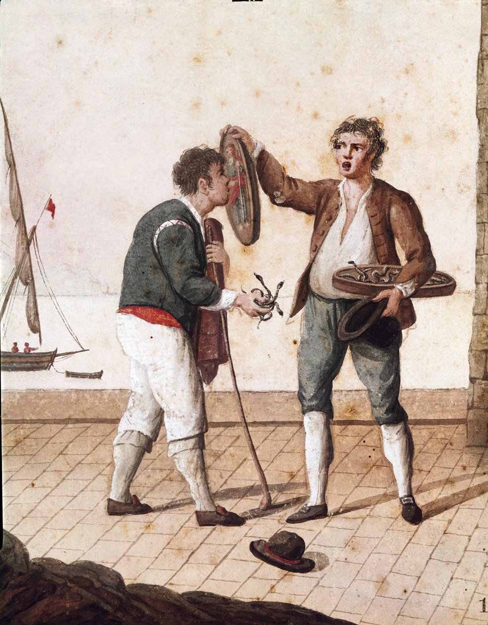 Régi nápolyi konyhaművészet: kis kígyók árusai - (Régi nápolyi szakmák: füves kígyók eladója) 19. századi akvarell - Nápolyi Museo Nazionale di San Martino alkotó: Italian School