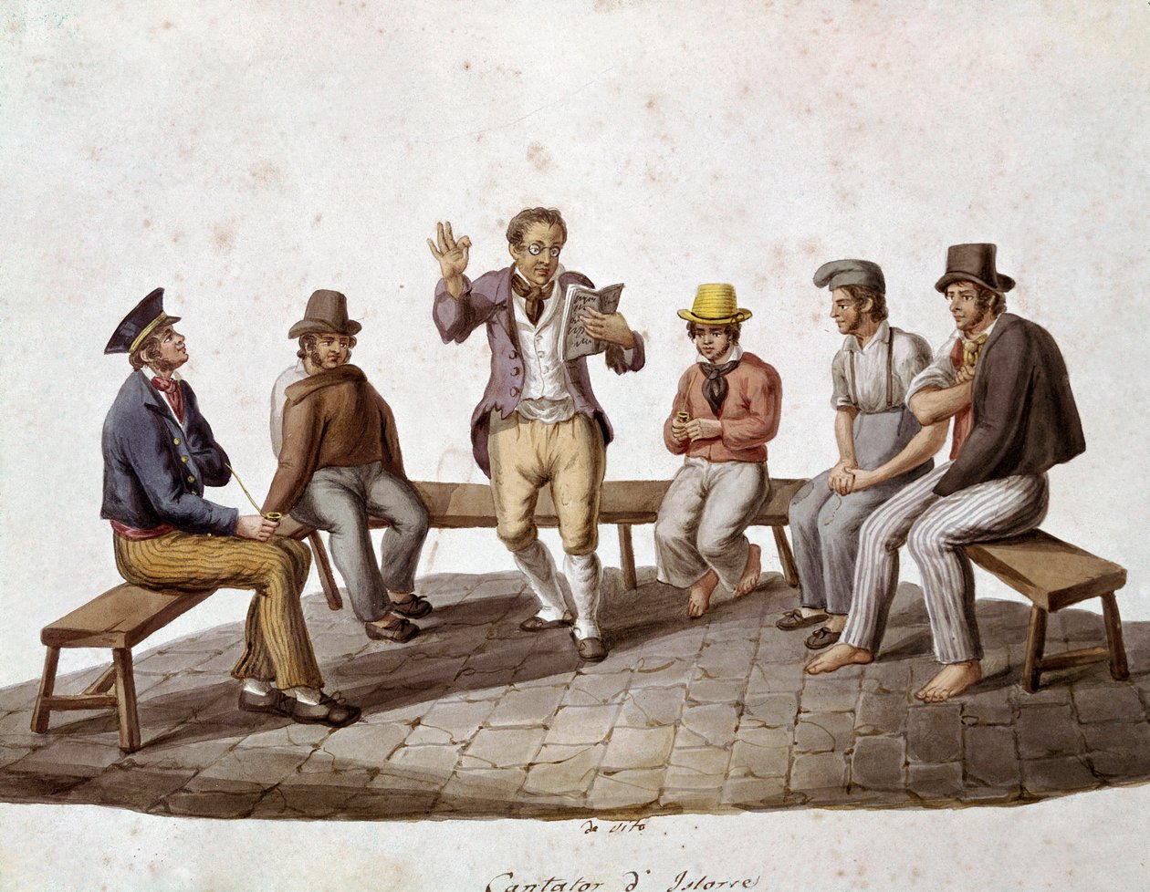 Régi nápolyi metiers: az utazó olvasó vagy balladaénekes - (Régi nápolyi szakmák: mesemondó) 19. századi akvarell - Nápolyi Museo Nazionale di San Martino alkotó: Italian School