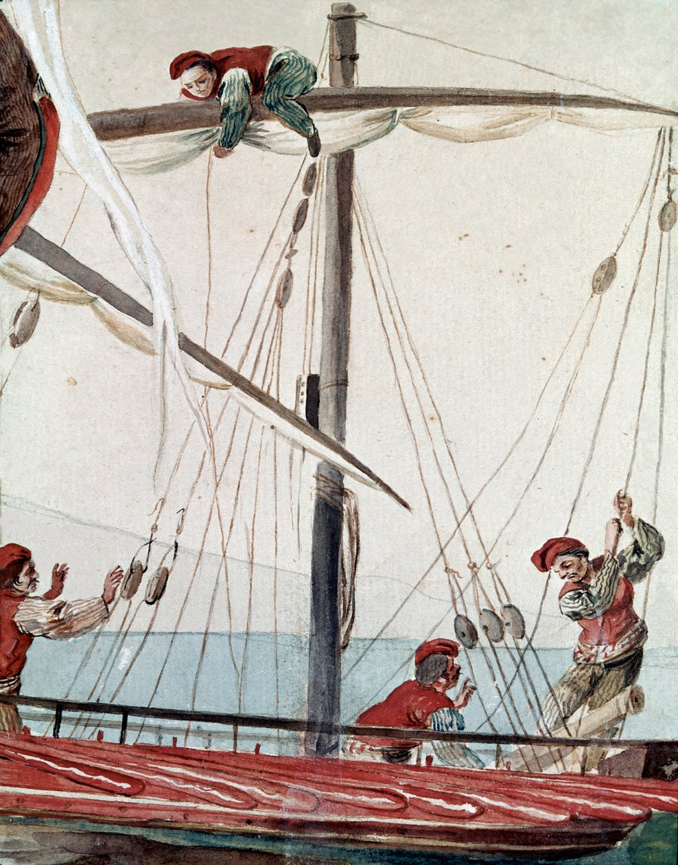 Régi nápolyi mesterségek: halászhajó - 19. századi akvarell - Nápolyi Museo Nazionale di San Martino alkotó: Italian School