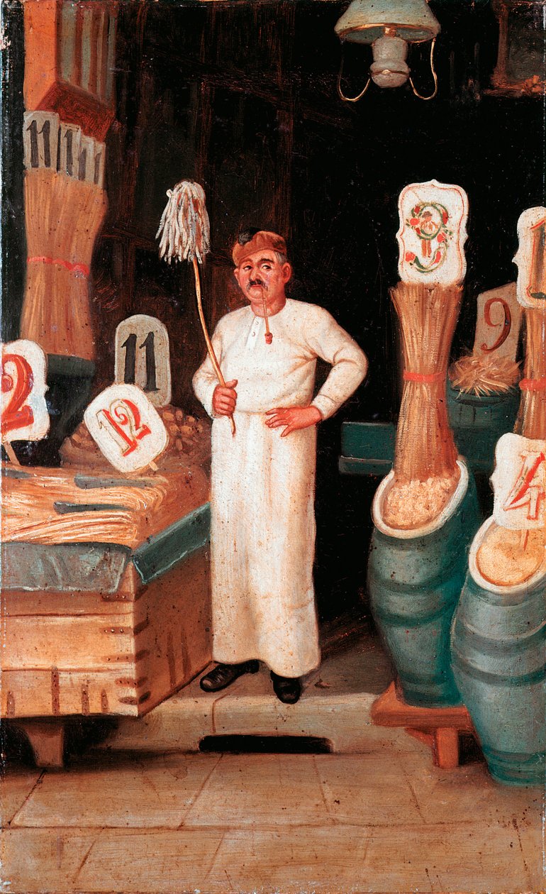 Régi metier: a tésztaárus boltja. Névtelen detrempe. 19. század 19. század Nemzeti Tészta Múzeum, Agnesi Alapítvány, Róma alkotó: Italian School