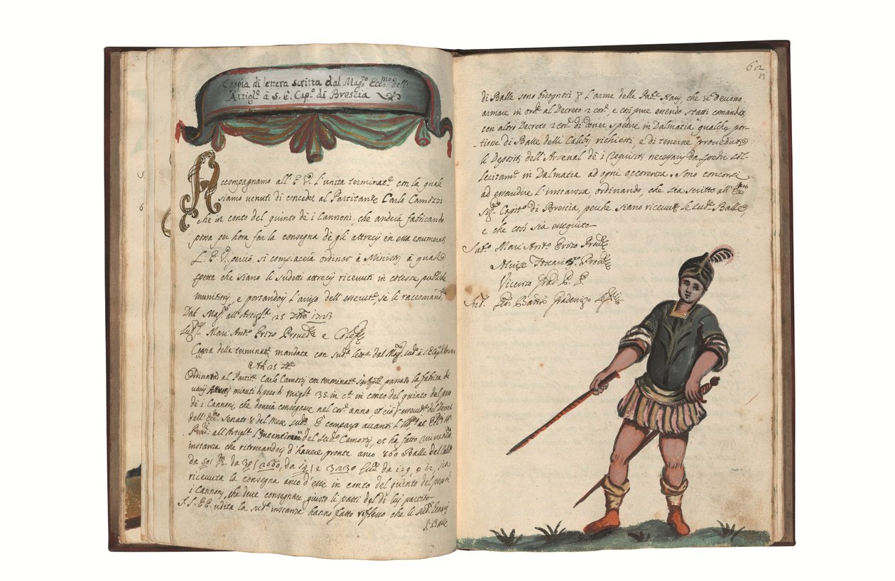 Carlo Camozzi di Bergamo (1712-ben született), a Velencei Köztársaság számára készült fegyverek gyártásáról, olaszul és latinul, illusztrált kézirat papíron, Velence, 18. század első fele (tinta és színes papír). alkotó: Italian School
