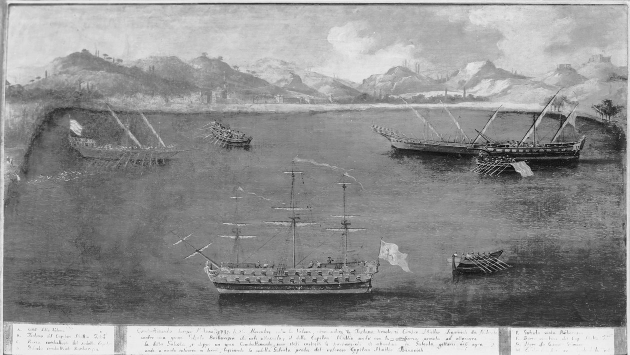 A híres tengerész, Mattio Ivanovics da Dobrota egyik haditengerészeti hőstette, 1730 körül alkotó: Italian School