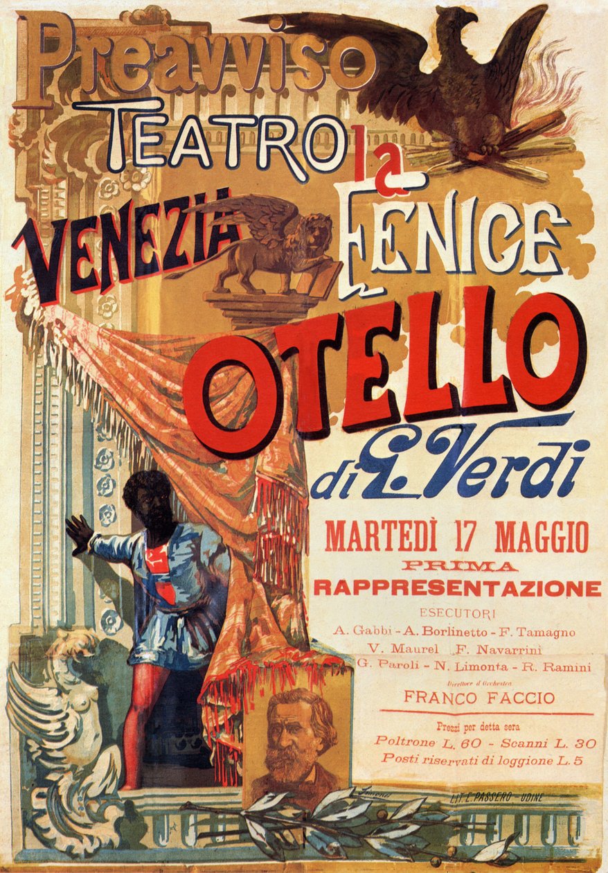Otello: Verdi Otello című operájának első előadásának plakátja a velencei Teatro Fenice-ben alkotó: Italian School