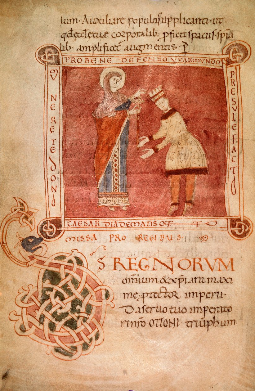 I. Ottó, akit Szűz Mária koronáz meg, Warmondo Püspök Szentségéből (vellum) alkotó: Italian School