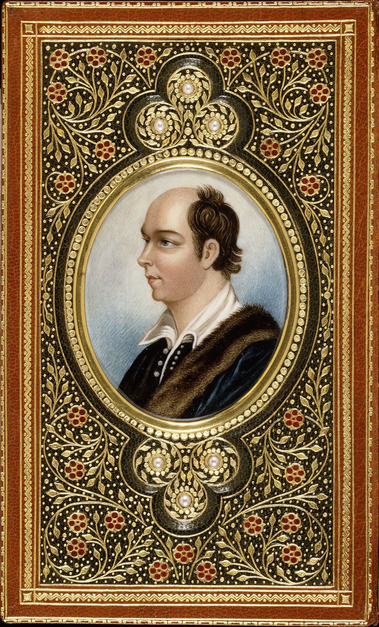 Oliver Goldsmith ovális miniatűr portréja, aranyozott, három gyöngyöt tartalmazó szárnyas levélke keretezve, 1831 alkotó: Italian School