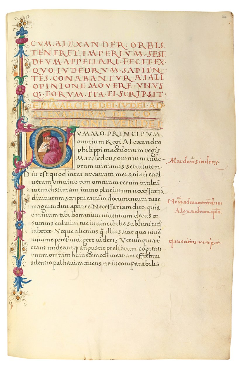 PSEUDO-ARISTOTLE, Secreta secretorum; "MARDOCHEUS IUDEUS", Epistola ad Alexandrum de cognitione veri dei; ADAM DE MONTALDO (fl. 1450-1495 körül), Divinitus prolata iudicia sive premonita; Quedam alia summatim posita iudicia, Róma, 1490 körül (tinta és szín alkotó: Italian School
