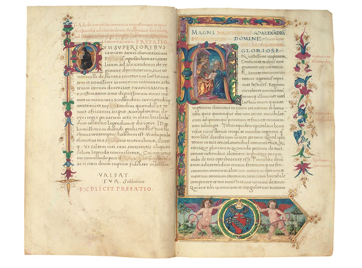 PSEUDO-ARISTOTLE, Secreta secretorum; "MARDOCHEUS IUDEUS", Epistola ad Alexandrum de cognitione veri dei; ADAM DE MONTALDO (fl. 1450-1495 körül), Divinitus prolata iudicia sive premonita; Quedam alia summatim posita iudicia, Róma, 1490 körül (tinta és szín alkotó: Italian School