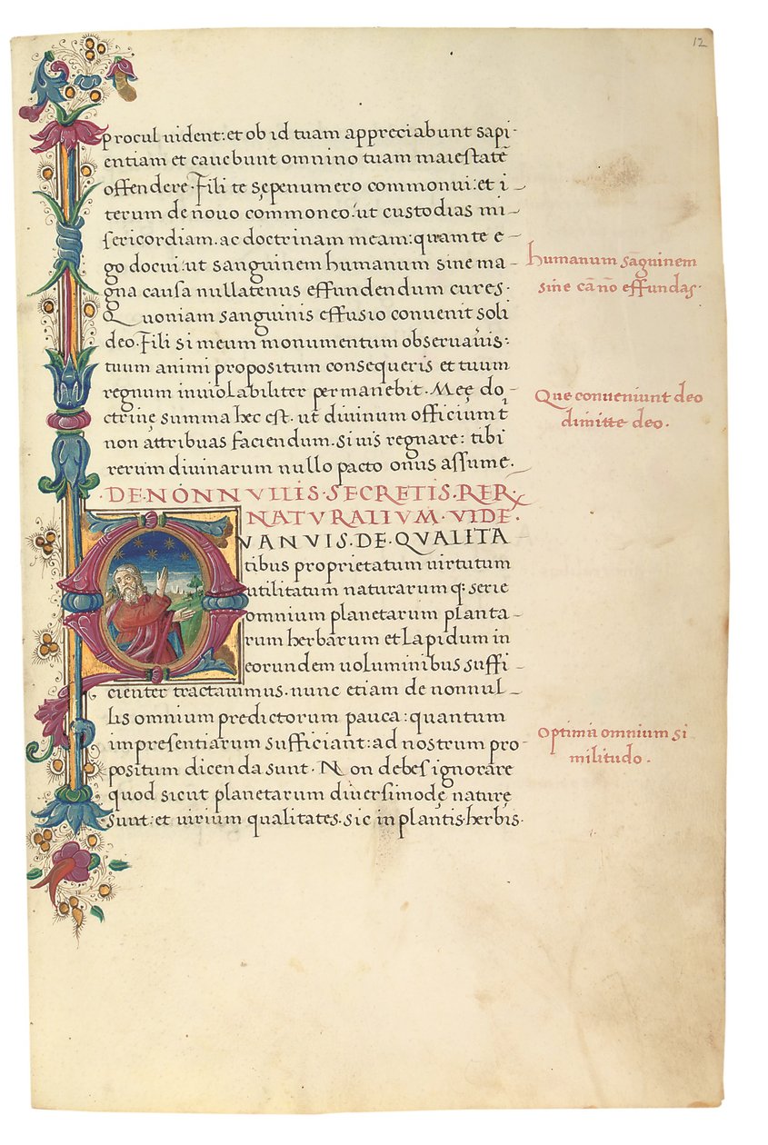 PSEUDO-ARISTOTLE, Secreta secretorum; "MARDOCHEUS IUDEUS", Epistola ad Alexandrum de cognitione veri dei; ADAM DE MONTALDO (fl. 1450-1495 körül), Divinitus prolata iudicia sive premonita; Quedam alia summatim posita iudicia, Róma, 1490 körül (tinta és szín alkotó: Italian School
