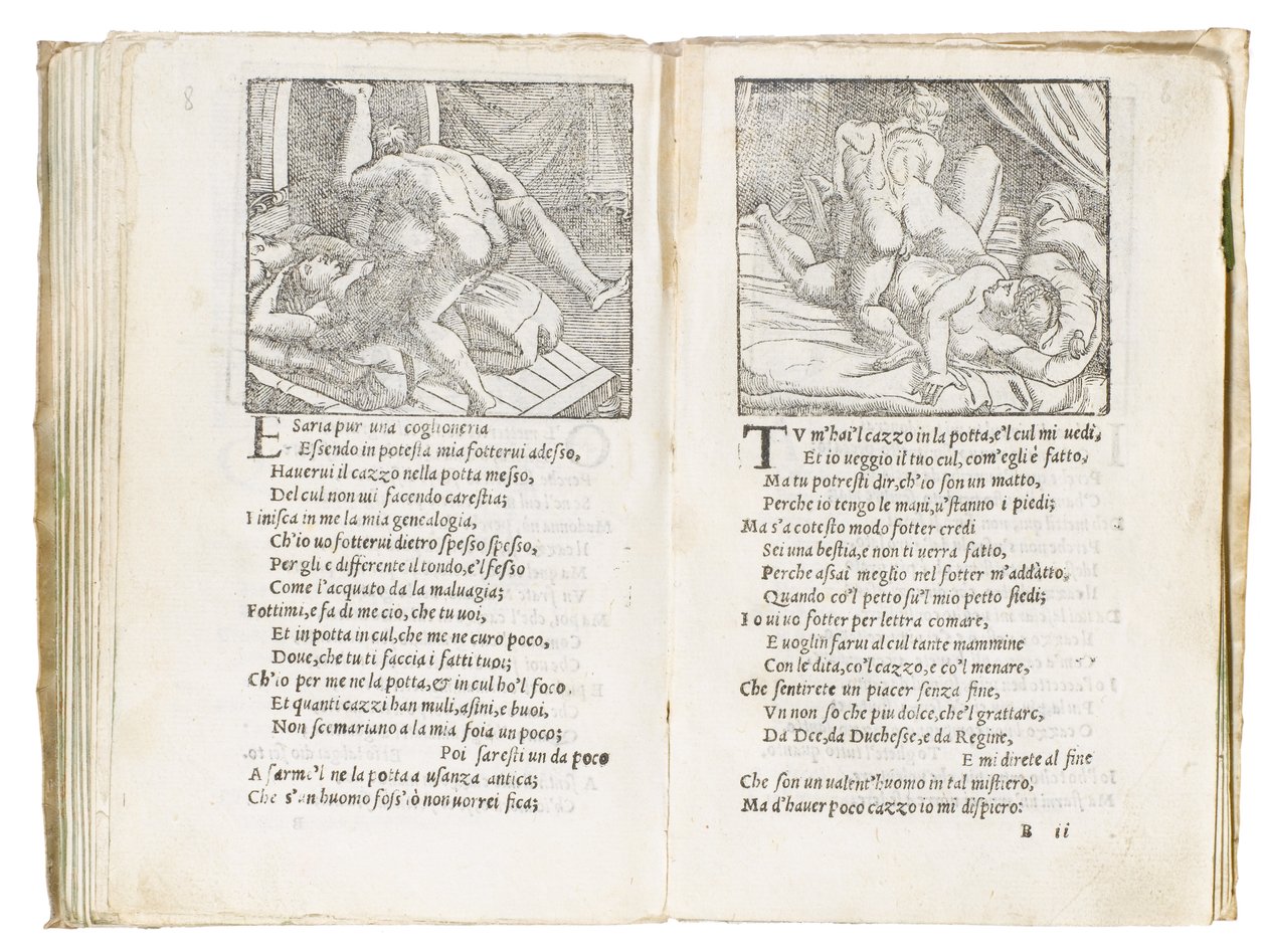 Oldal a Pietro Aretino "Sonetti Lussuriosi"-ból, Giulio Romano illusztrálta és Marcantonio Raimondi metszet, Velence, 1527 körül alkotó: Italian School