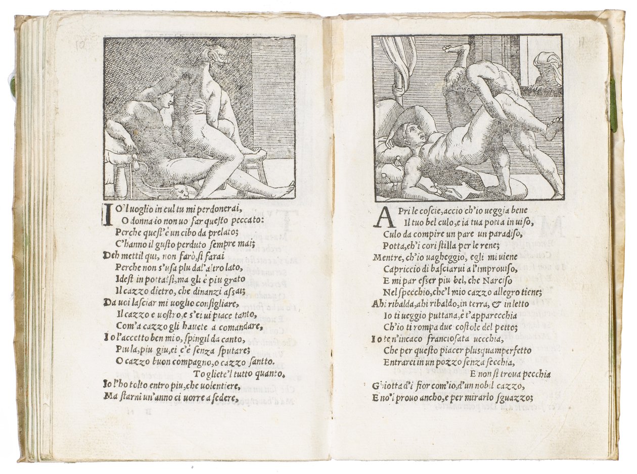 Oldal a Pietro Aretino "Sonetti Lussuriosi"-ból, Giulio Romano illusztrálta és Marcantonio Raimondi metszet, Velence, 1527 körül alkotó: Italian School