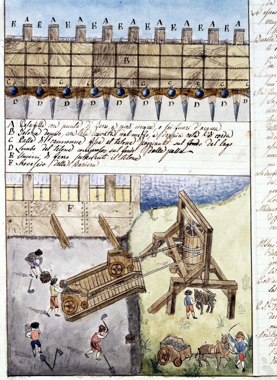 Egy gát építését magyarázó jegyzetfüzet lapja. 17. század.Archivio di stato de Milan alkotó: Italian School