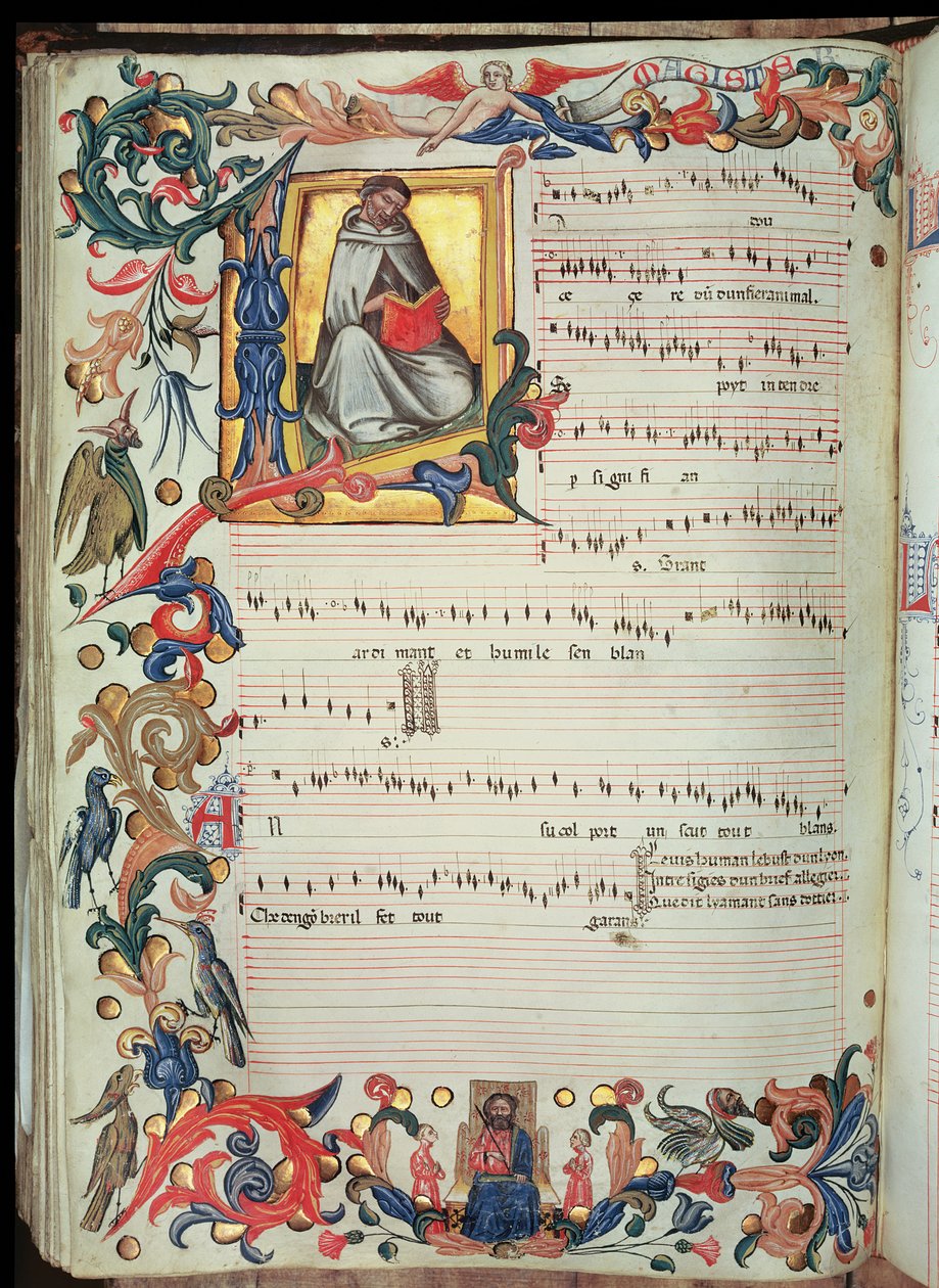 A S. Maria degli Angeli (vellum) firenzei kolostorban készült Squarcialupi-kódexből származó, történetírásos kezdőbetűs kottafüzet oldala alkotó: Italian School