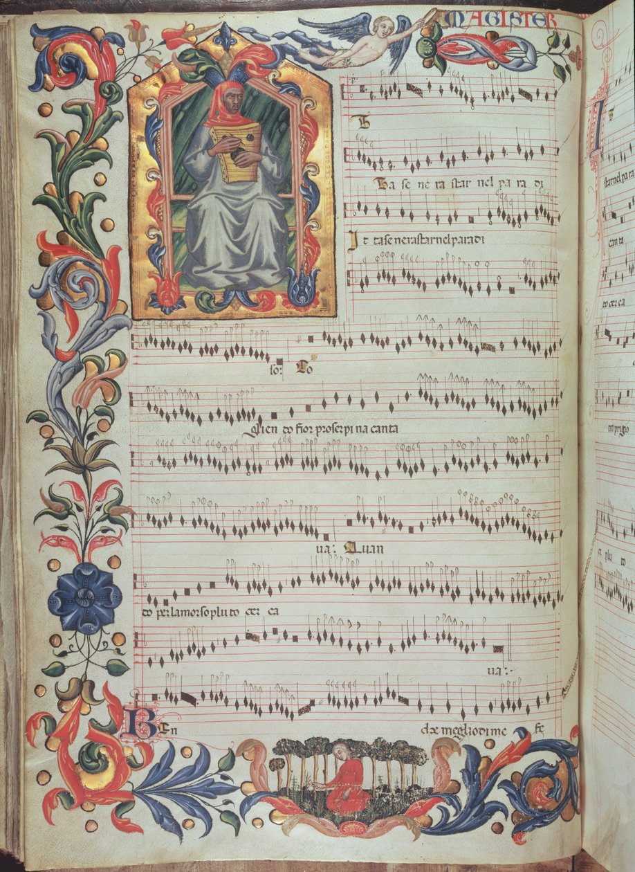A S. Maria degli Angeli (vellum) firenzei kolostorban készült Squarcialupi-kódexből származó, történetírással ellátott kottafüzet oldala alkotó: Italian School