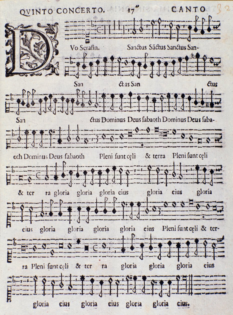 Az 5. Concerto kottájának oldala Adriano Banchieri "" French Songs "-ban alkotó: Italian School