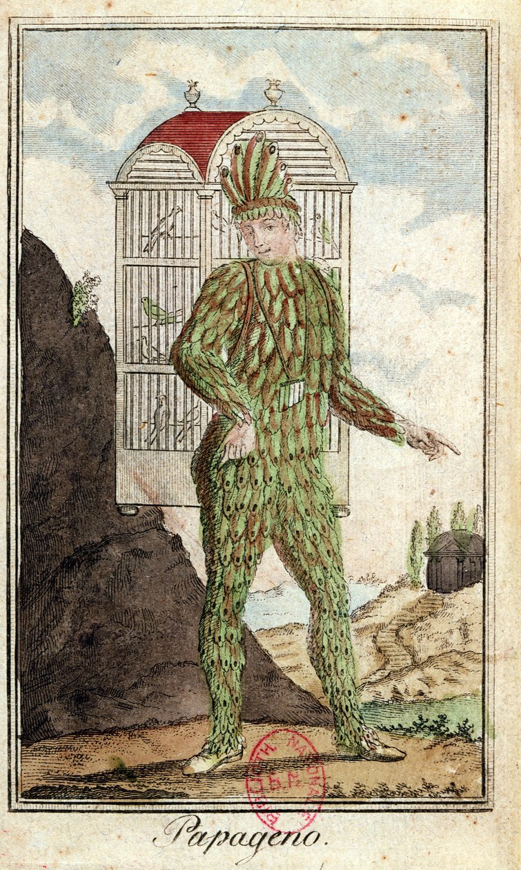 Papageno, a madárfogó Wolfgang Amadeus Mozart (1756-91) Varázsfuvolájából alkotó: Italian School