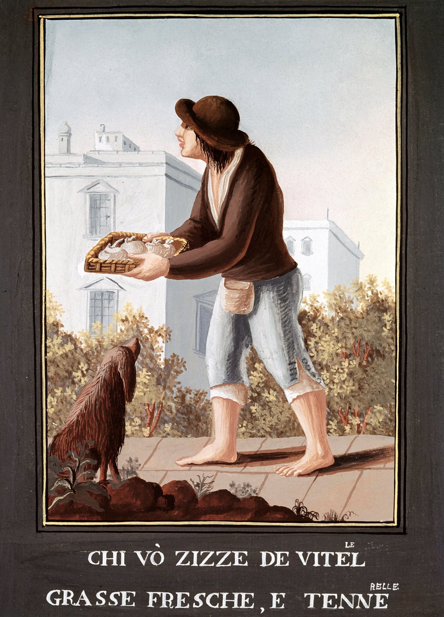 Petites Metiers nápolyiak: tehén tőgy eladó - (Régi szakma: tehén tőgy eladó) 19. századi akvarell - Nápolyi Museo Nazionale di San Martino alkotó: Italian School