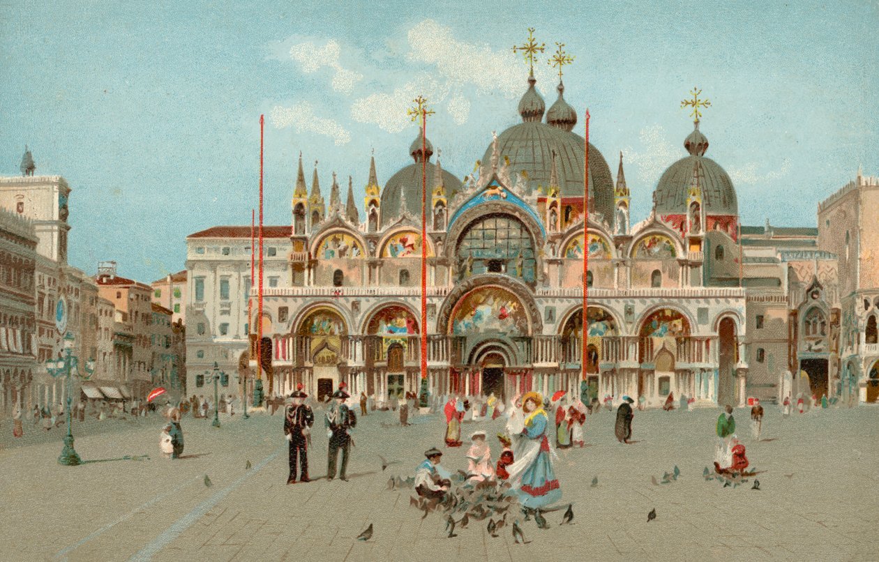 Piazza San Marco és a Szent Márk bazilika, Velence, Olaszország (kromolito) alkotó: Italian School