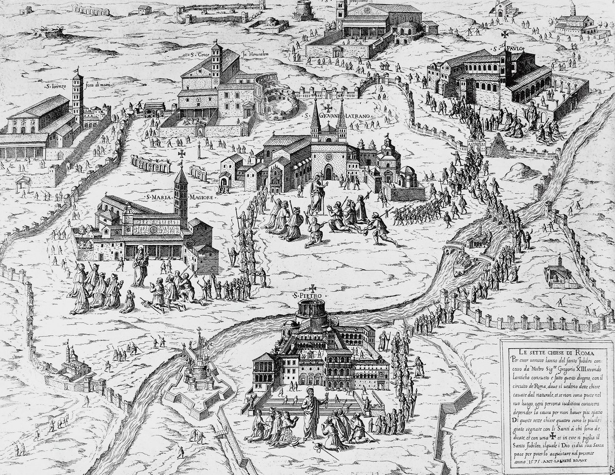 Zarándokok meglátogatják Róma hét templomát az 1575-ös szentévben, metszet, Olaszország alkotó: Italian School
