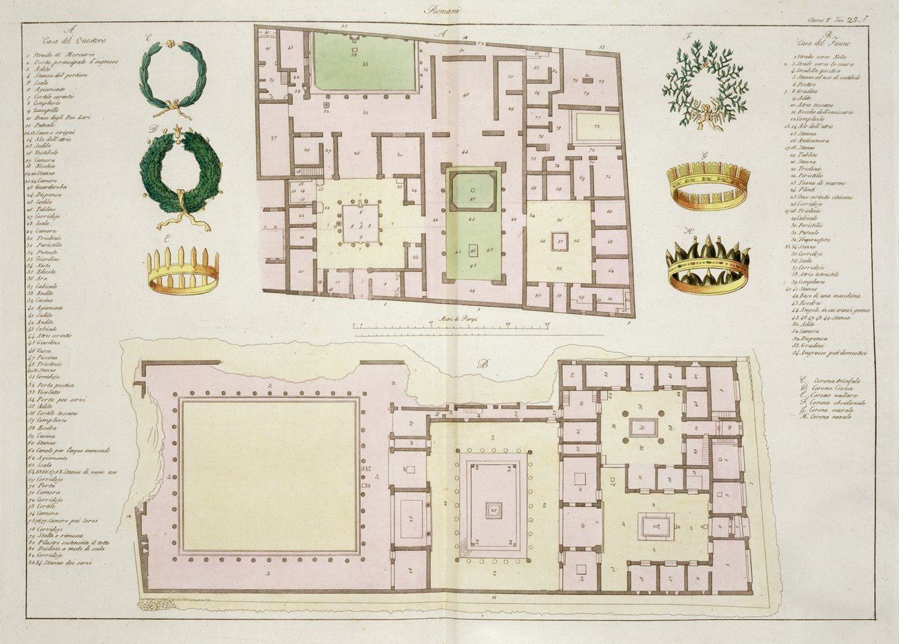 A Questor Háza és a Faun Háza, Pompeji, 25A tábla, 5. osztály A Nemzetek története I. részéből (akvatinta) alkotó: Italian School