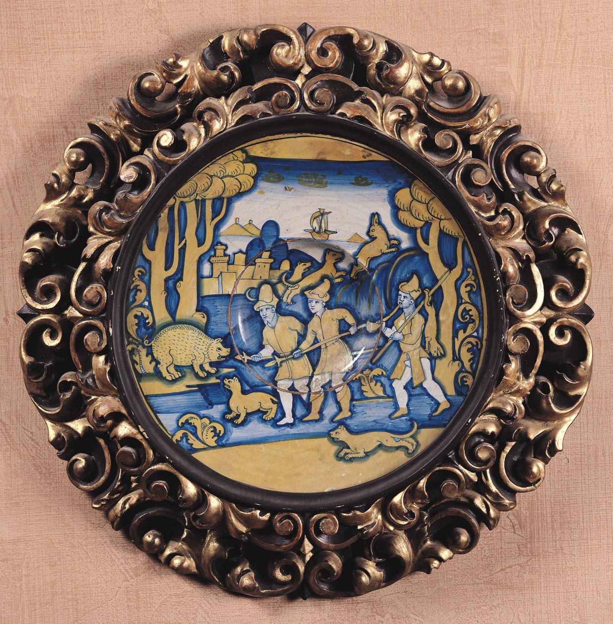 Vadászjelenettel díszített tányér, Deruta Műhely, 1540-45 körül (maiolica) alkotó: Italian School