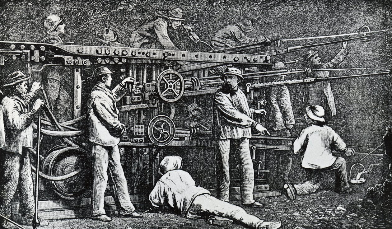 Pneumatikus kőzetfúrógép, amelyet Giovanni Battista Piatti készített, és Germano Sommeiller (1815-1871) tökéletesítette, Olaszország gravírozásával alkotó: Italian School