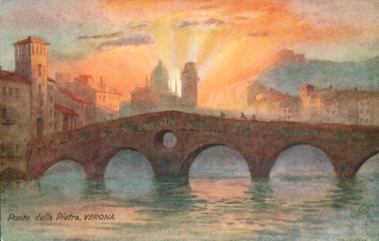 Ponte Pietra, legrégebbi római híd, Verona, Olaszország (színes lithó) alkotó: Italian School