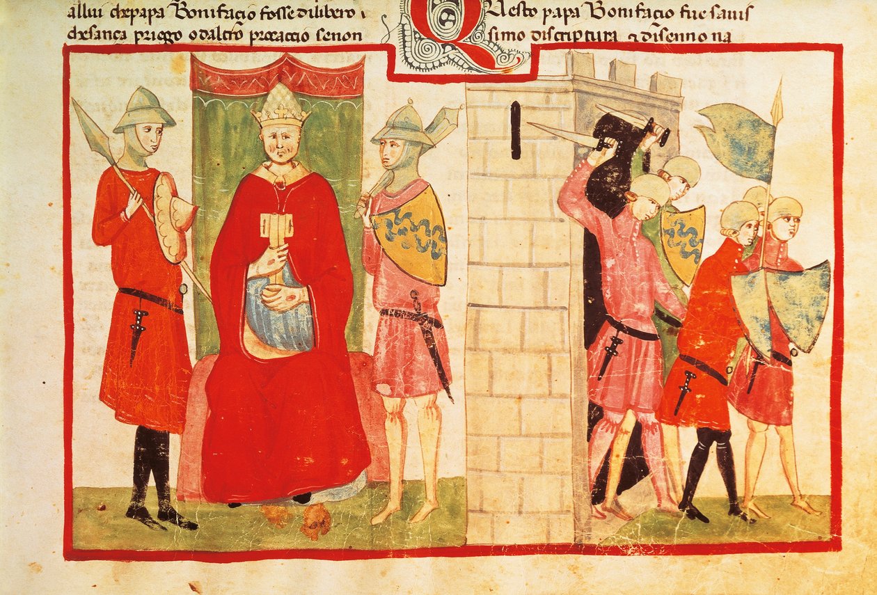 VIII. Bonifác pápa Anagniban és Sciarra Colonna (Giacomo Colonna) kiűzése a városból, miniatűr Giovanni Villani krónikájából, kézirat Chigi L VIII 296 folio 176 recto, Olaszország 14. század. alkotó: Italian School