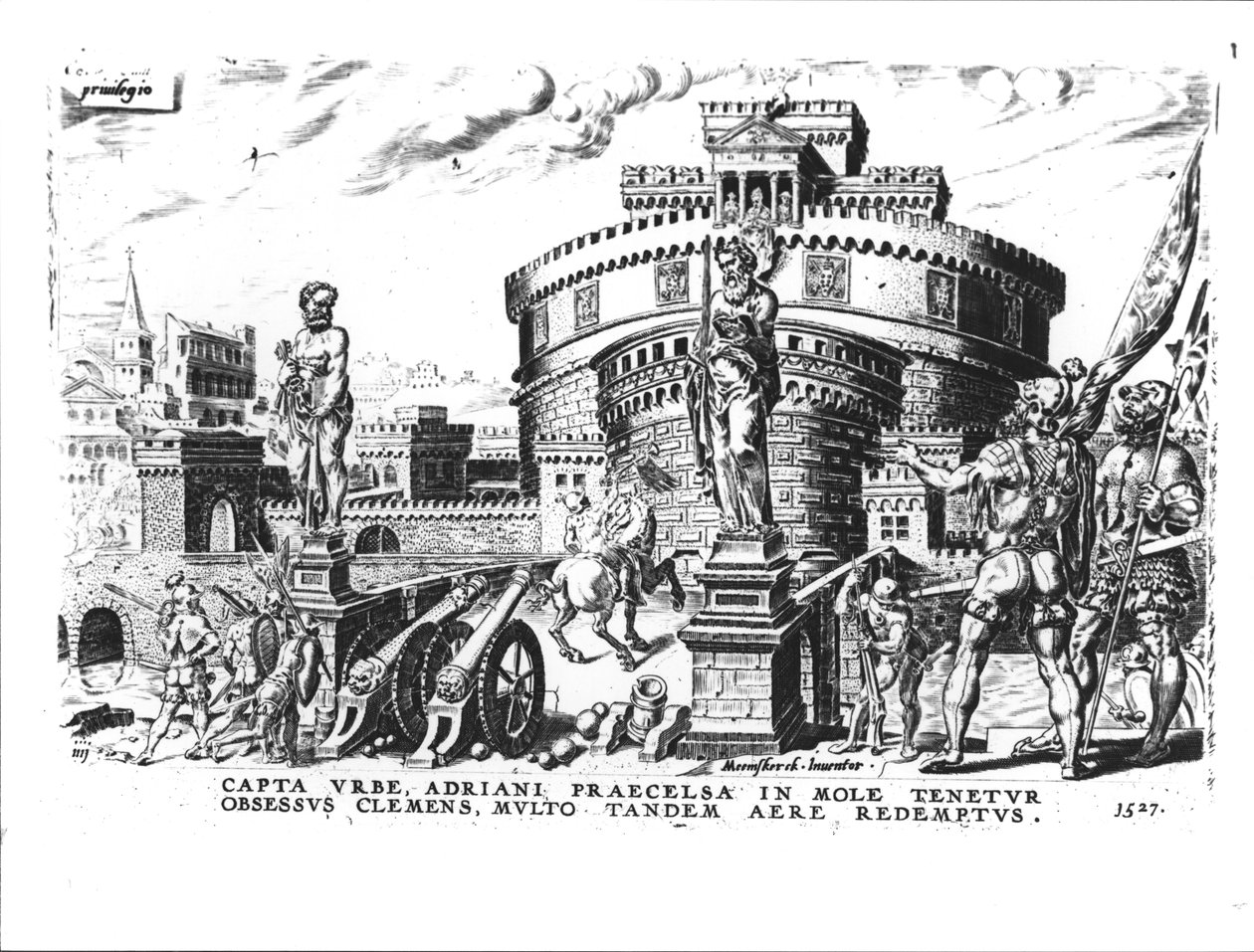 VII. Kelemen pápát (1478-1534) V. Károly (1500-58) ostromolja magasan a Hadrianus-toronyban, 1527 alkotó: Italian School