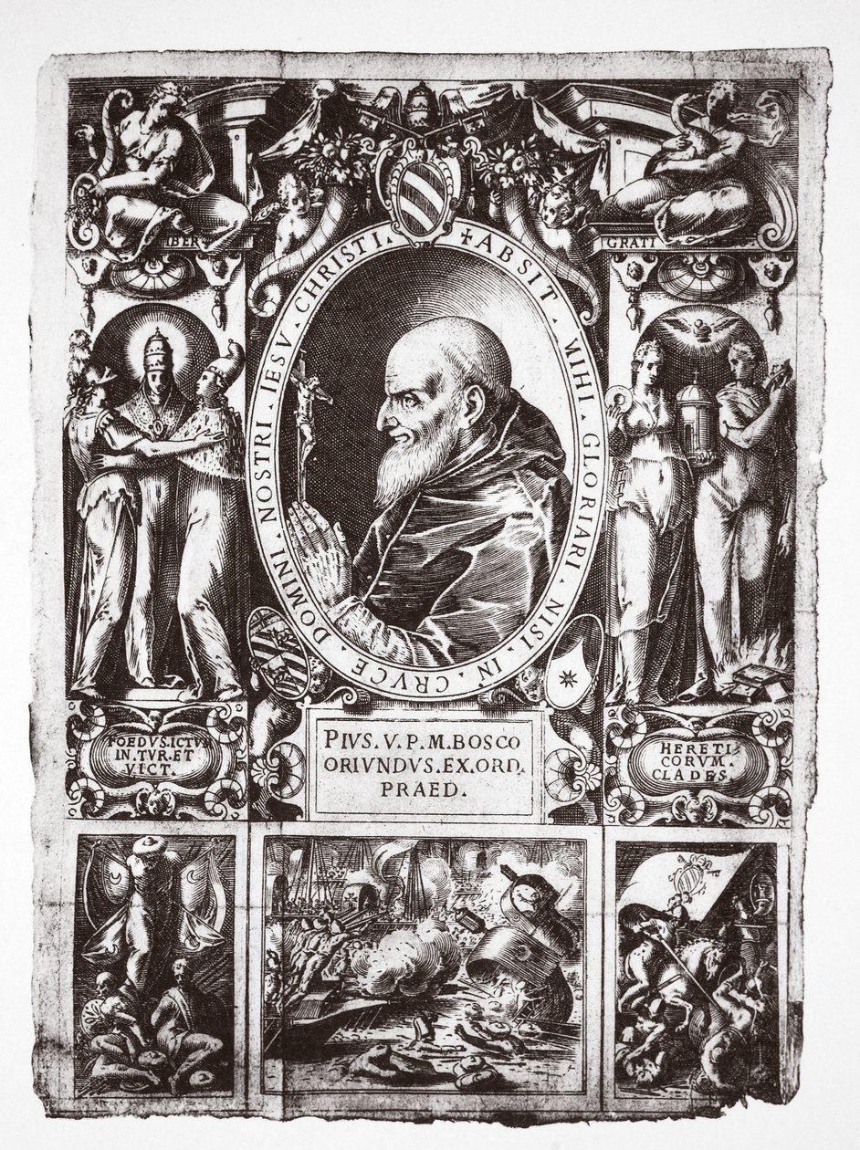 V. Pius pápa, a lepantói csata matricáival, a Vita del Gloriosissimo Papa Pio Quinto kocsmából. 1586 alkotó: Italian School