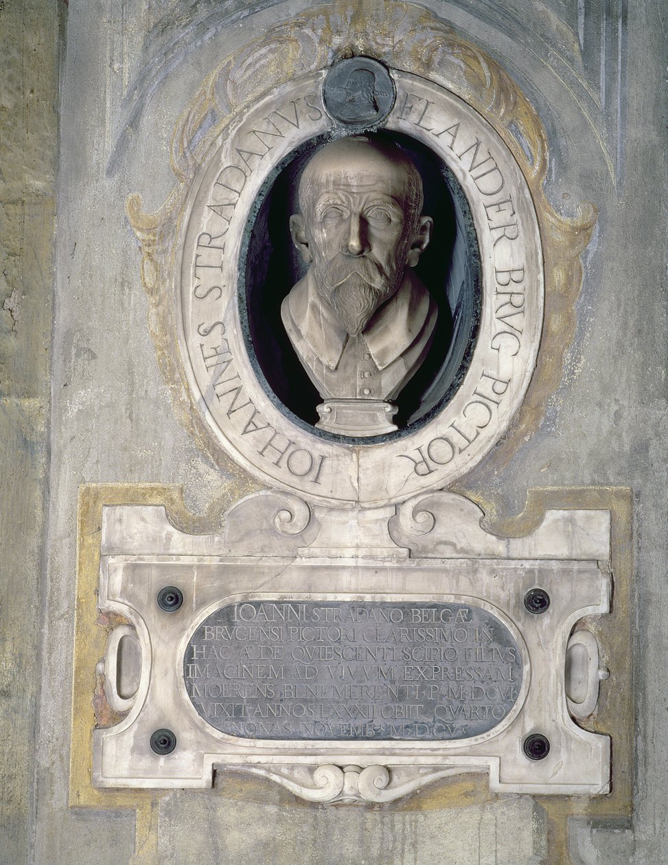 Joannes Stradanus flamand származású festő, rajzoló és gobelintervező, Jan van der Straet születésű Brugge-ben, Olaszországban dolgozott, más néven Giovanni Stradano (1523-1605) portré mellszobra (márvány) alkotó: Italian School